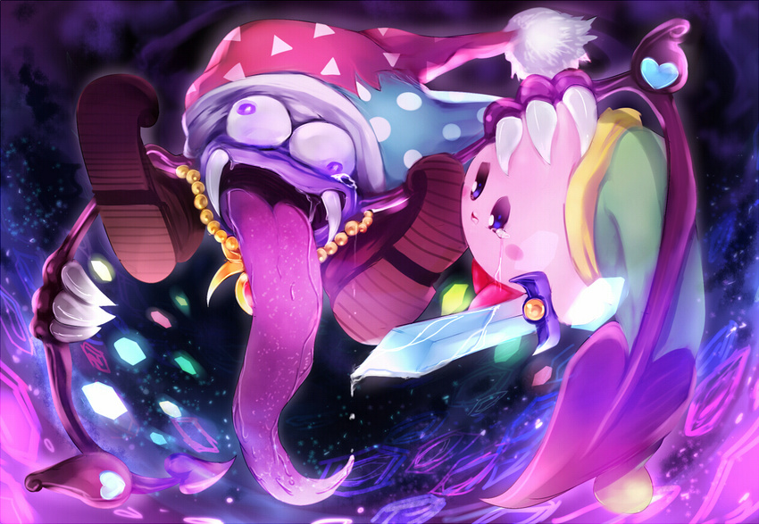 2boys artist_request blue_eyes caramel_(artist) claws crazy_eyes fangs hat jester_cap jester_hat kirby kirby_(series) long_tongue male male_focus marx marx_soul monster multiple_boys nintendo purple_eyes star stars sword tongue weapon wings