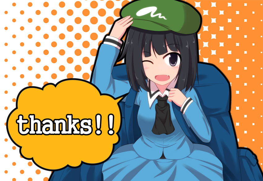 :d adjusting_clothes adjusting_headwear arm_up ascot backpack bag black_hair blue_dress blue_eyes blue_skirt blush collared_shirt commentary_request cowboy_shot dark_haired_kappa dress english_text extra female flat_cap formal gradient_background hand_on_own_head hat kappa_mob_(touhou) kokubun_(akikawaship) long_sleeves looking_at_viewer neckerchief one_eye_closed open_mouth orange_background patterned_background shirt short_hair simple_background skirt skirt_set smile solo speech_bubble touhou