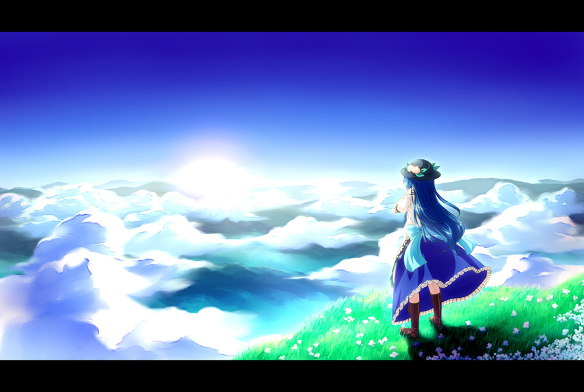 blue_hair blue_sky bow byakusouya cloud commentary_request female flower food from_behind fruit grass hat hinanawi_tenshi letterboxed long_hair looking_afar outdoors peach sky solo standing sun touhou