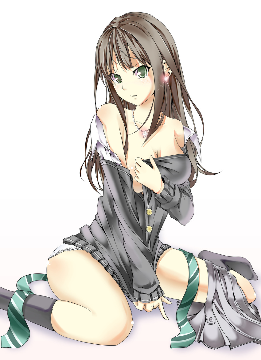 absurdres black_socks breasts brown_hair commentary_request covering_breasts covering_privates earrings female green_eyes green_necktie gumitaroo highres idolmaster idolmaster_cinderella_girls jewelry long_hair necklace necktie panties photoshop_(medium) shibuya_rin sitting skirt skirt_around_one_leg socks solo underwear white_background white_panties