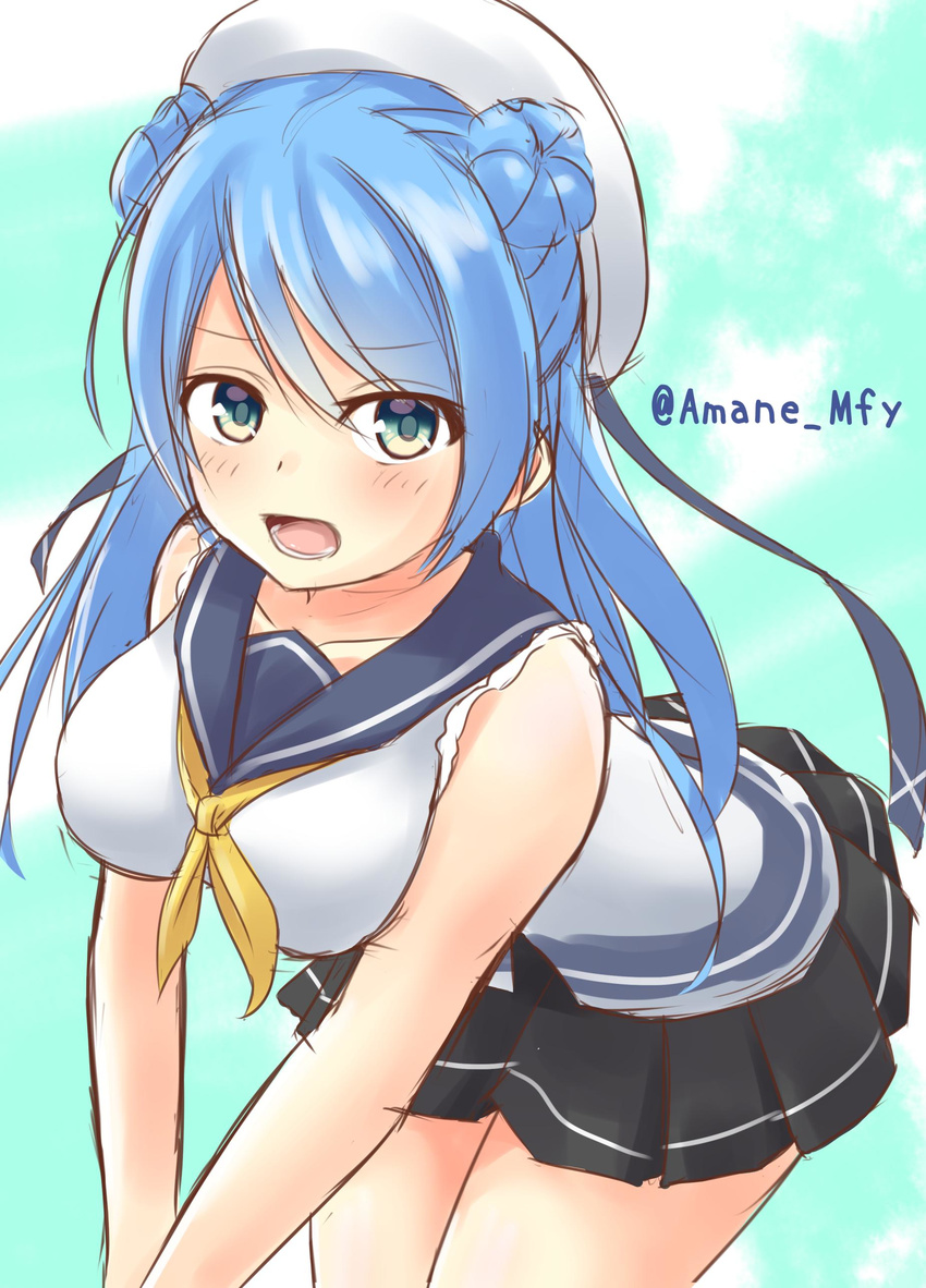 absurdres blue_eyes blue_hair blush breasts commentary_request double_bun female hair_bun hat highres kantai_collection large_breasts leaning_forward mafuyun neckerchief open_mouth pleated_skirt sailor_hat school_uniform serafuku skirt sleeves_rolled_up solo urakaze_(kancolle) white_hat yellow_neckerchief