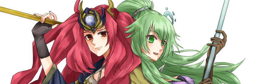 2girls back_to_back brown_gloves dance_princess_of_the_nekroz duel_monster fingerless_gloves gishki_emilia gloves green_eyebrows green_hair hair_ornament long_hair long_sleeves mirror multiple_girls red_eyebrows red_hair spiritual_beast_tamer_winda staff white_background winda_priestess_of_gusto yu-gi-oh! yuu-gi-ou_duel_monsters