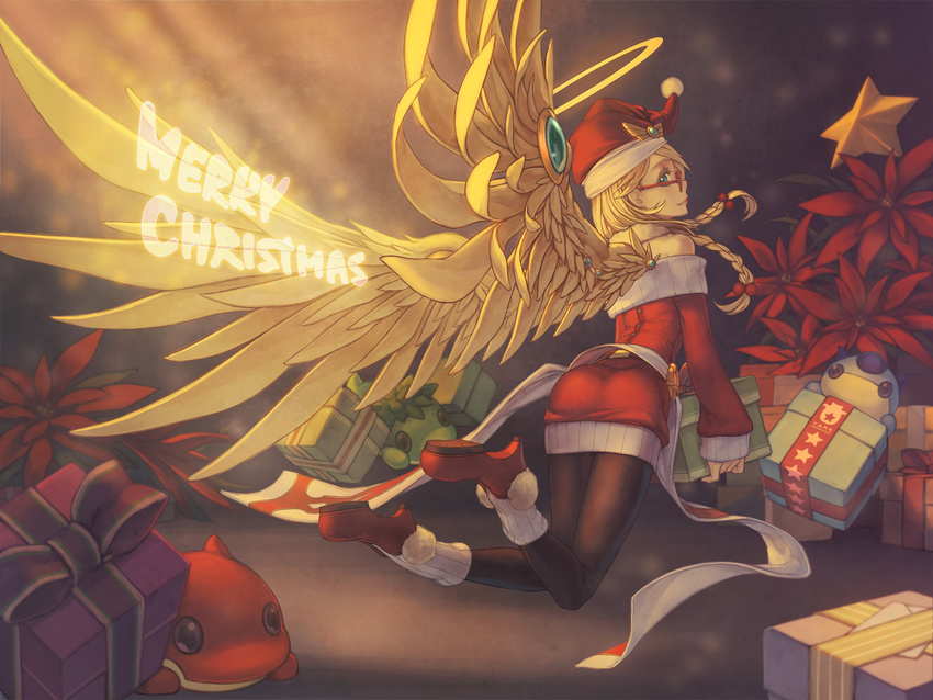 angel angel_wings animal archangel_(p&d) back bare_shoulders black_legwear blonde_hair blue_eyes bow box braid christmas christmas_tree commentary feathered_wings female flower flying fur_trim gift gift_box glasses glowing glowing_wings hair_bobbles hair_ornament halo hat high_heels highres holding holding_gift jewelry leg_warmers long_hair long_sleeves looking_at_viewer merry_christmas pantyhose poinsettia pom_pom_(clothes) puzzle_&_dragons red-framed_eyewear red_footwear red_skirt ring rotix santa_costume santa_hat shoes skirt solo star_(symbol) twin_braids wings yellow_wings