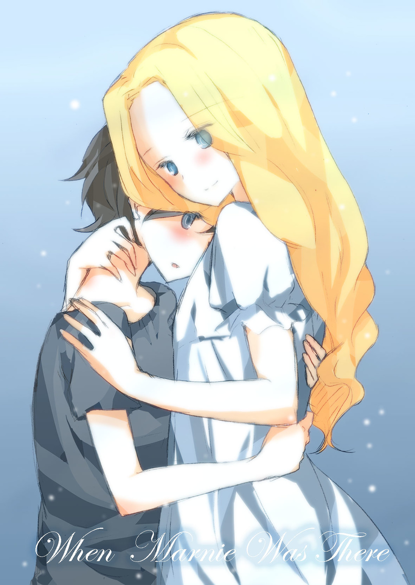 2girls 66ta1yak1 anna_(omoide_no_marnie) blonde_hair blue_eyes blush brown_hair commentary_request copyright_name dress hand_on_another's_neck hand_on_another's_shoulder highres hug long_hair marnie_(omoide_no_marnie) multiple_girls omoide_no_marnie short_hair short_sleeves very_short_hair white_dress yuri