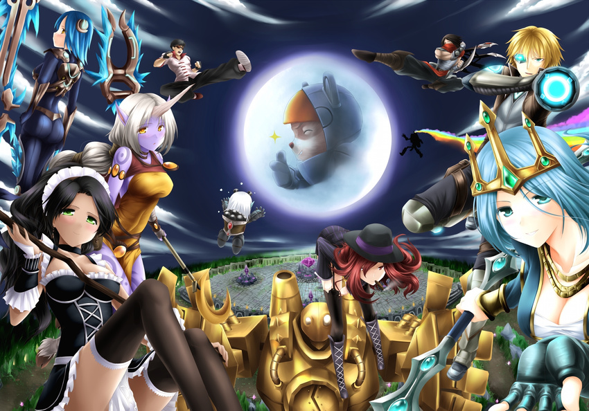 5boys 6+girls aqua_eyes arm_cannon armlet armor ashe_(league_of_legends) ass bare_shoulders bent_over black_hair black_legwear blade blitzcrank blonde_hair blue_hair blush boots breasts brown_hair cape cigar cleavage closed_eyes cloud colored_skin commentary_request crime_city_miss_fortune ezreal fedora fingerless_gloves french_maid_nidalee frostblade_irelia full_moon garter_straps gauntlets gloves green_eyes hair_ornament hat highres hooves horns irelia jewelry kicking league_of_legends lee_sin long_hair maid maid_headdress makishima_rin medium_breasts miss_fortune_(league_of_legends) moon multiple_boys multiple_girls muscular necklace nidalee open_mouth pants pointy_ears ponytail purple_skin rainbow red_eyes red_hair robot scarf short_hair singed single_horn skin_tight smile smoking soraka_(league_of_legends) staff sunglasses talon_(league_of_legends) teemo thighhighs thumbs_up tristana visor weapon white_hair wrist_cuffs yellow_eyes yordle