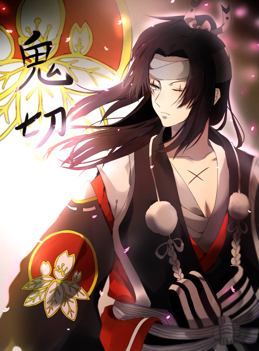 1boy androgynous bad_id bad_pixiv_id brown_hair commentary_request floral_print headband highres japanese_clothes long_hair long_sleeves looking_to_the_side male_focus mizukuoikun one_eye_closed onikiri_(onmyoji) onmyoji scar scar_across_eye scar_on_chest scar_on_face solo standing white_headband