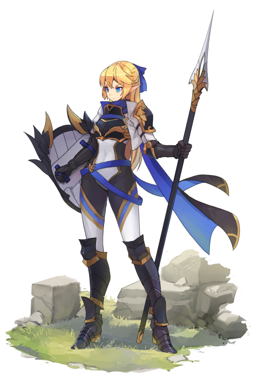 armor armored_boots asymmetrical_gloves blonde_hair blue_eyes bodysuit boots breastplate commentary_request elf expressionless female full_body gauntlets gloves grass hair_ribbon high_heels highres holding holding_polearm holding_shield holding_weapon knee_boots knight left-handed long_hair original pointy_ears polearm ribbon rock scarf shield shoulder_armor solo spear uneven_gloves uusquid weapon white_background