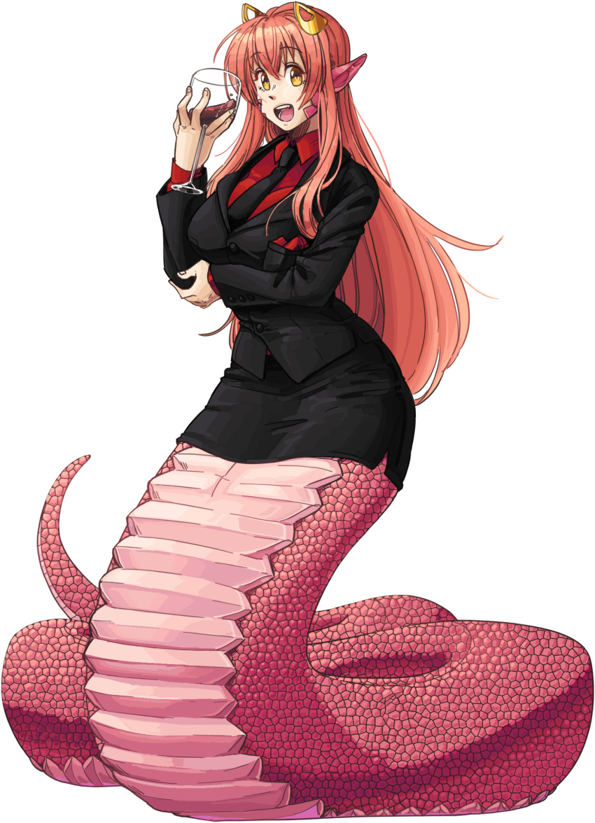 :d arm_under_breasts black_jacket black_skirt breasts buttons carrot-kun collared_shirt commission commissioner_upload cosplay cup cupping_glass female formal full_body hair_between_eyes hair_ornament hairclip helltaker highres holding holding_cup jacket lamia long_hair long_sleeves looking_at_viewer lucifer_(helltaker) lucifer_(helltaker)_(cosplay) miia_(monster_musume) monster_girl monster_musume_no_iru_nichijou necktie oerba_yun_fang open_mouth pointy_ears red_hair red_scales red_shirt scales shirt skirt skirt_suit slit_pupils smile solo suit tail transparent_background very_long_hair yellow_eyes