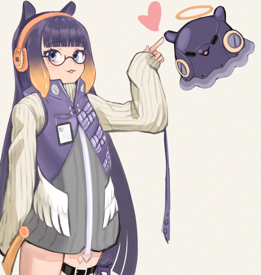 :3 =_= absurdres alternate_costume bespectacled black_hair blunt_bangs commentary female glasses gradient_hair halo headphones heart highres hololive hololive_english kiwwwwwi long_hair mechanization mole mole_under_eye multicolored_hair ninomae_ina'nis open_mouth orange_hair pointing robot sidelocks solo_focus takodachi_(ninomae_ina'nis) tentacle_hair thigh_strap very_long_hair virtual_youtuber wings