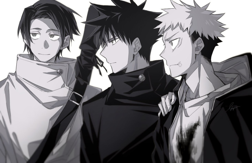 3boys closed_mouth dirty dirty_clothes facial_mark fushiguro_megumi gakuran greyscale gusha_(orenji_hnkn) high_collar itadori_yuuji jacket jujutsu_kaisen looking_away male_focus monochrome multiple_boys okkotsu_yuuta profile scar scar_on_face school_uniform shirt short_hair simple_background smile spiked_hair undercut upper_body weapon_bag