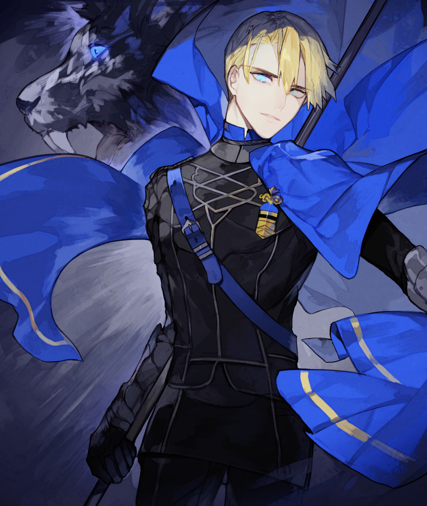 1boy absurdres blonde_hair blue_eyes cape commentary_request dimitri_alexandre_blaiddyd fire_emblem fire_emblem:_three_houses garreg_mach_monastery_uniform gloves highres lion male_focus nahonanaho polearm solo spear teeth upper_body weapon