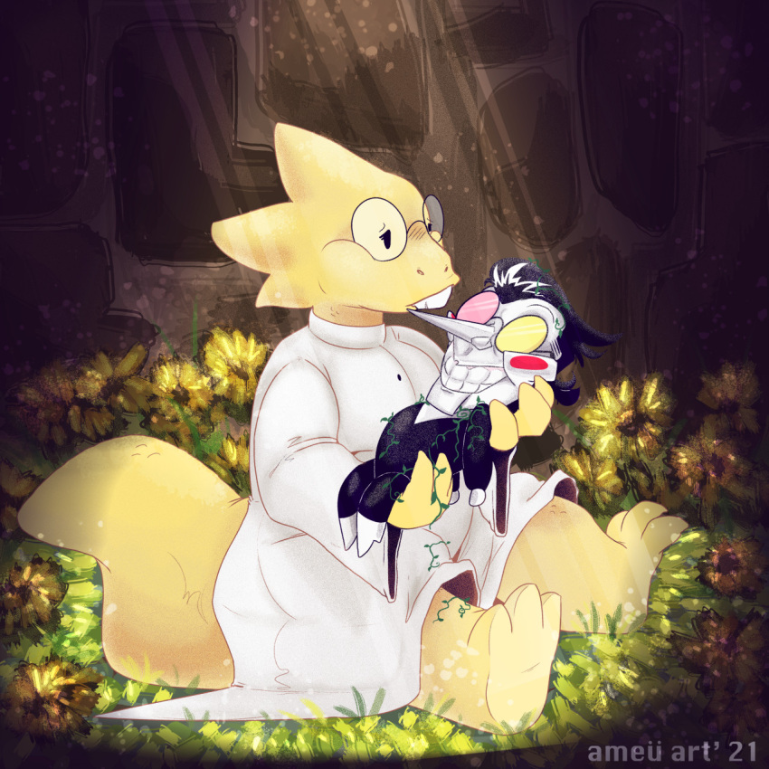 1:1 2021 alphys animate_inanimate anthro beady_eyes big_head black_hair blush blush_stickers breasts buckteeth charchu_(artist) clothed clothing coat deltarune detailed_background digital_media_(artwork) duo eyewear female flower fully_clothed glasses grass grin hair hi_res holding_object humanoid lab_coat living_puppet lizard male non-mammal_breasts outside plant puppet reptile scales scalie sitting slightly_chubby slightly_chubby_anthro slightly_chubby_female smile spamton_g._spamton stone_wall tail teeth thick_tail tinted_glasses topwear undertale undertale_(series) wall_(structure) white_body yellow_body yellow_scales