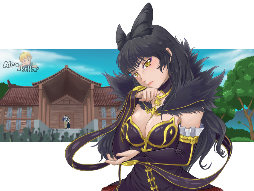 1boy 2girls abs alex_kellar animal_ears bangs bare_shoulders beard black_dress black_hair blake_belladonna breasts bridal_gauntlets cat_ears chest_hair cleavage commentary cosplay detached_sleeves dress english_commentary facial_hair fate/apocrypha fate_(series) fur_trim ghira_belladonna highres kali_belladonna large_breasts long_dress long_hair looking_at_viewer medium_breasts multiple_girls ribbon rwby semiramis_(fate) semiramis_(fate)_(cosplay) short_hair solo_focus transparent_background yellow_eyes