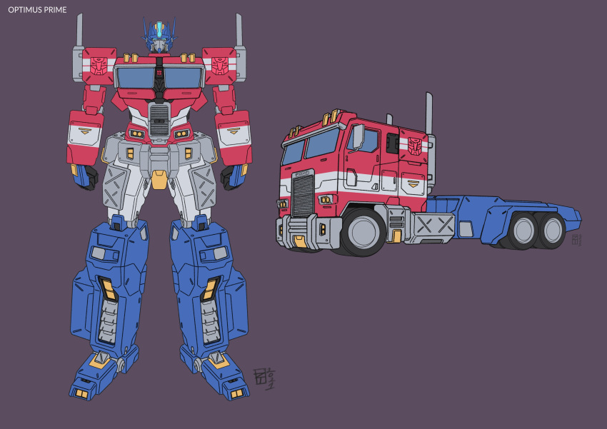 1boy 2021 absurdres autobot blue_eyes character_name english_commentary flat_color highres insignia lextodrawstuff looking_at_viewer male_focus mecha motor_vehicle no_humans optimus_prime purple_background redesign robot semi_truck straight-on transformers transformers:_generation_1 truck