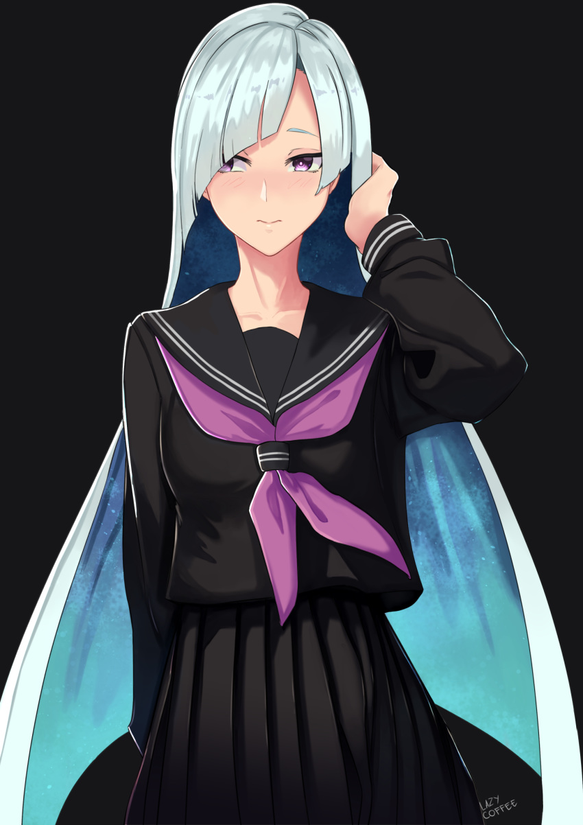 black_background black_sailor_collar black_serafuku black_skirt blue_hair brynhildr_(fate) collarbone commentary_request fate/grand_order fate_(series) female highres lazycoffee_(wyen_iscordo) light_blush long_hair looking_at_viewer neckerchief purple_eyes purple_neckerchief sailor_collar school_uniform serafuku signature simple_background skirt smile solo upper_body very_long_hair