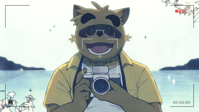 16:9 2021 a_vwxyz anthro brown_body camera canid canine closed_eyes clothing detailed_background eyewear glasses hi_res kemono kounosuke_(morenatsu) male mammal morenatsu outside overweight overweight_male raccoon_dog shirt solo tanuki topwear unavailable_at_source water widescreen