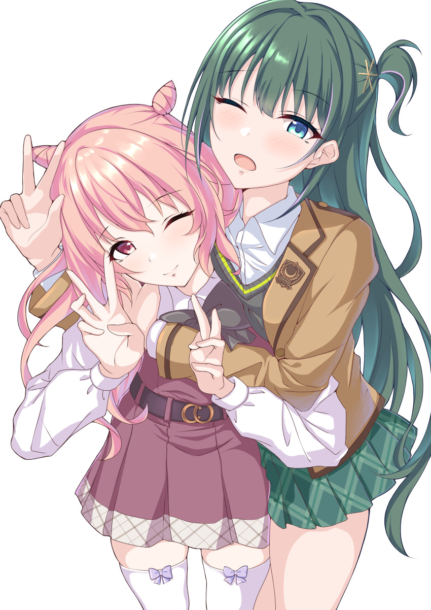 2girls absurdres akazaki_kokoro bad_id bad_pixiv_id blue_eyes bow double_bun green_hair hair_bun highres idoly_pride komiyama_ai long_hair long_sleeves looking_at_viewer multiple_girls one_eye_closed open_mouth pink_eyes pink_hair red_eyes shiroinu_(shiroinu_283p) short_twintails smile thighhighs tongue twintails zettai_ryouiki