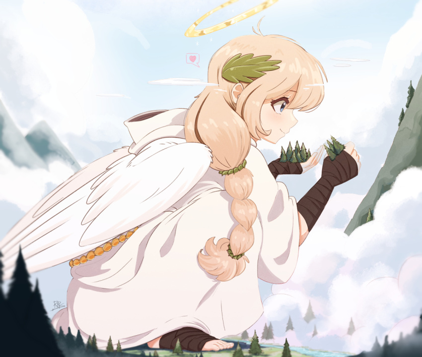 angel angel_wings bandaged_arm bandages blonde_hair blue_eyes braid cloud commentary english_commentary feathered_wings female from_side giant giantess hair_ornament halo heart holding kaethe_(raps) leaf_hair_ornament long_hair mountain mountainous_horizon original outdoors raps_(yohomeboyraps) robe smile solo spoken_heart squatting toeless_footwear white_robe wings