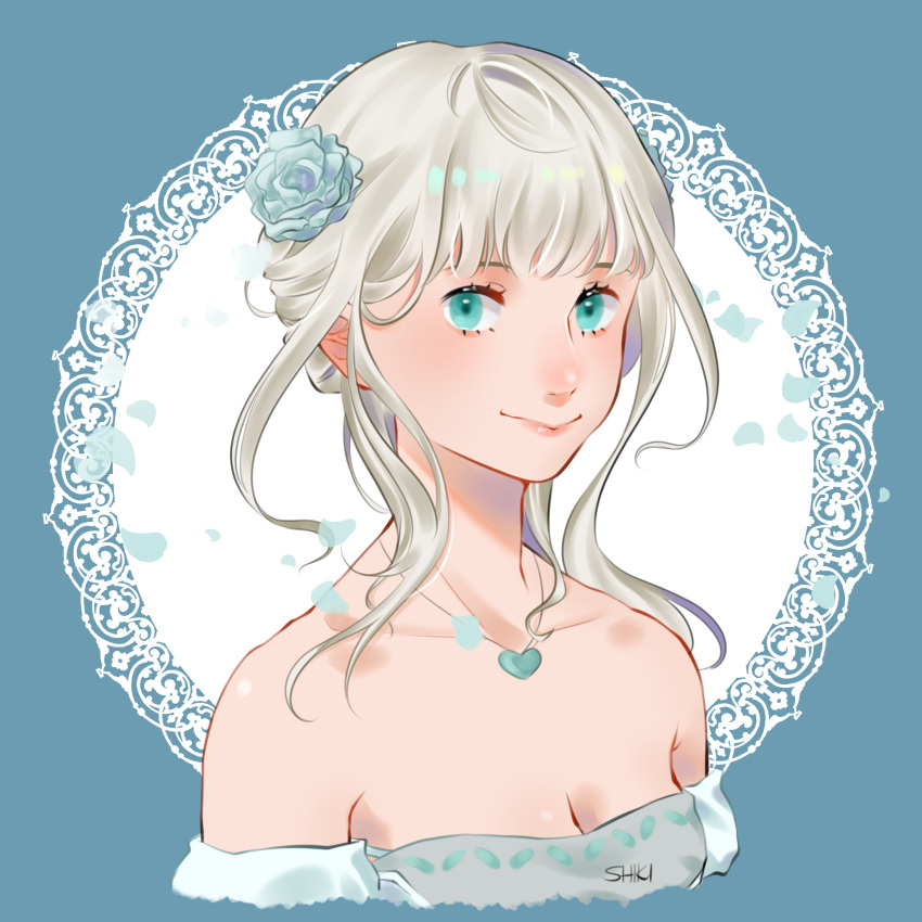 artist_name bare_shoulders blue_background blue_eyes breasts female fena_houtman flower hair_flower hair_ornament heart heart_necklace highres jewelry kaizoku_oujo long_hair looking_at_viewer necklace portrait shiki_nemuu small_breasts smile solo white_hair