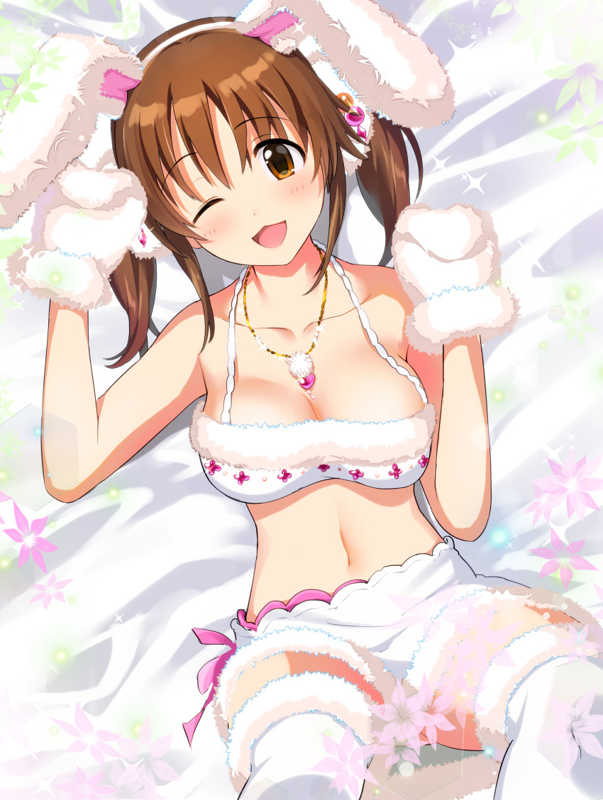 absurdres animal_ears bare_arms bare_shoulders bed blush breasts brown_eyes brown_hair collarbone female from_above hairband highres idolmaster idolmaster_cinderella_girls jewelry large_breasts looking_at_viewer lying mittens natsuya_(natuya777) navel necklace on_back one_eye_closed open_mouth rabbit_ears short_hair smile solo thighhighs totoki_airi white_headwear white_mittens white_thighhighs