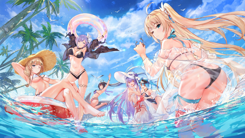 6+girls absurdly_long_hair ahoge alternate_costume arm_up ass bangs bare_shoulders barefoot bekas_(iron_saga) bikini black_bikini blue_eyes blue_hair blue_swimsuit bow bracelet braid breasts cleavage covering covering_breasts crab criin criss-cross_halter crossed_legs day dolphin feet hairbow halterneck hat highres holding holding_innertube innertube iron_saga jacket jewelry large_breasts leila_(iron_saga) long_hair looking_at_viewer medium_breasts medium_hair multiple_girls navel octopus off_shoulder official_art one-piece_swimsuit one_eye_closed one_side_up open_clothes outdoors palm_tree parted_lips purple_bikini purple_eyes purple_hair reclining red_eyes riding rule_63 see-through shiny shiny_skin sidelocks splashing stomach sun_hat swimsuit teresa_(iron_saga) thigh_strap thighs tree very_long_hair visor_cap wading wet white_bikini