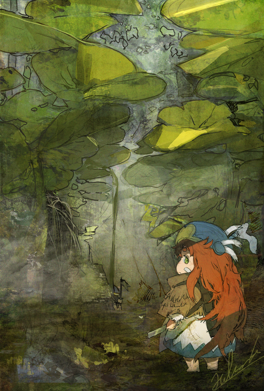 absurdres barefoot beret blue_hat brown_capelet brown_hair capelet commentary_request dress female from_behind green_eyes hakumei_to_mikochi hat highres hiranko holding leaf long_hair looking_at_viewer looking_back mikochi_(hakumei_to_mikochi) profile short_eyebrows solo standing thick_eyebrows very_long_hair white_dress