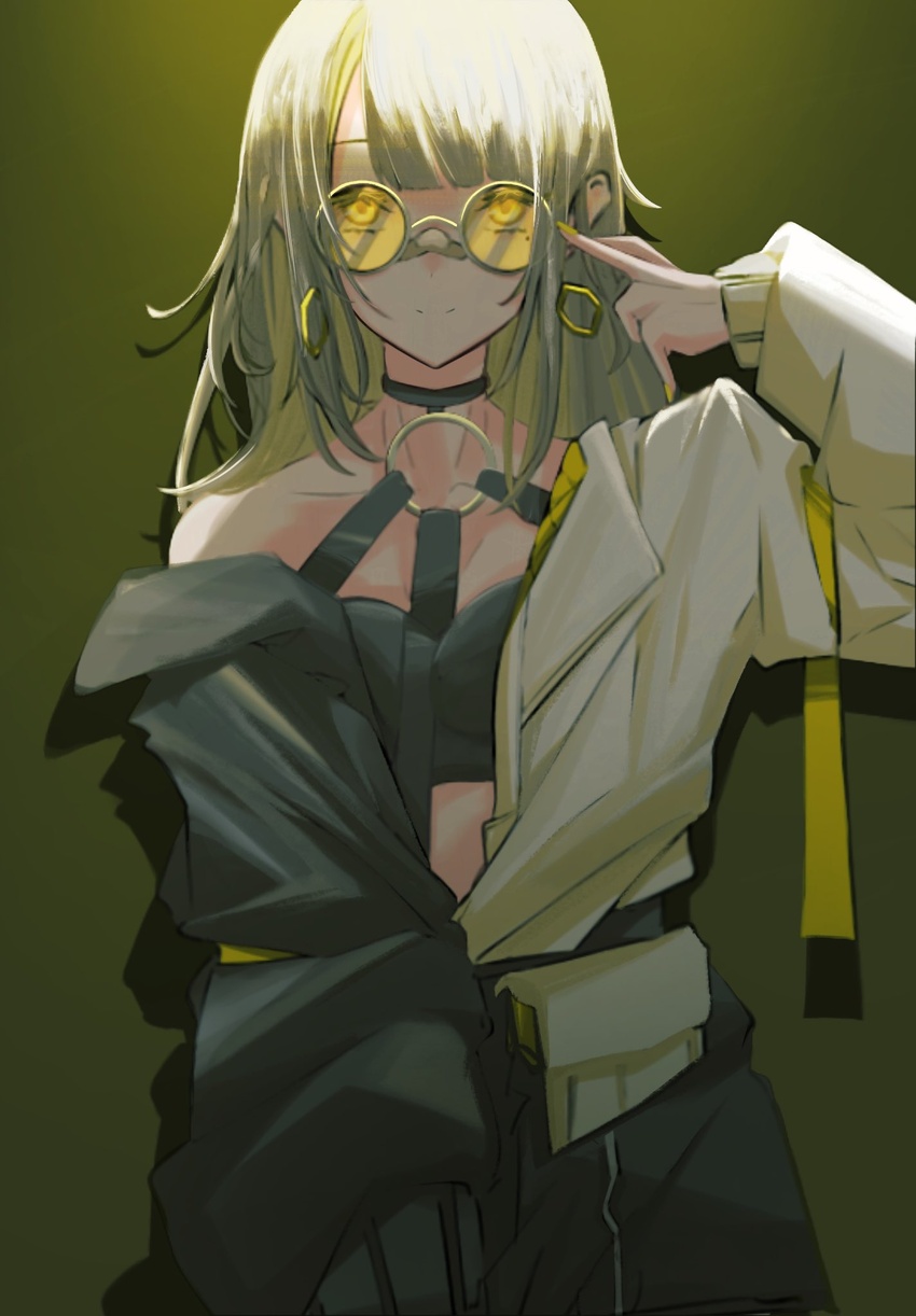 alternate_costume bandaid bandaid_on_face blonde_hair breasts choker collarbone cowboy_shot earrings female fingernails glasses hachi_(live_union) hand_up highres jacket jewelry live_union long_hair looking_at_viewer medium_breasts midriff_peek pointing pointing_at_self protected_link shadow smile solo virtual_youtuber wataron yellow_eyes