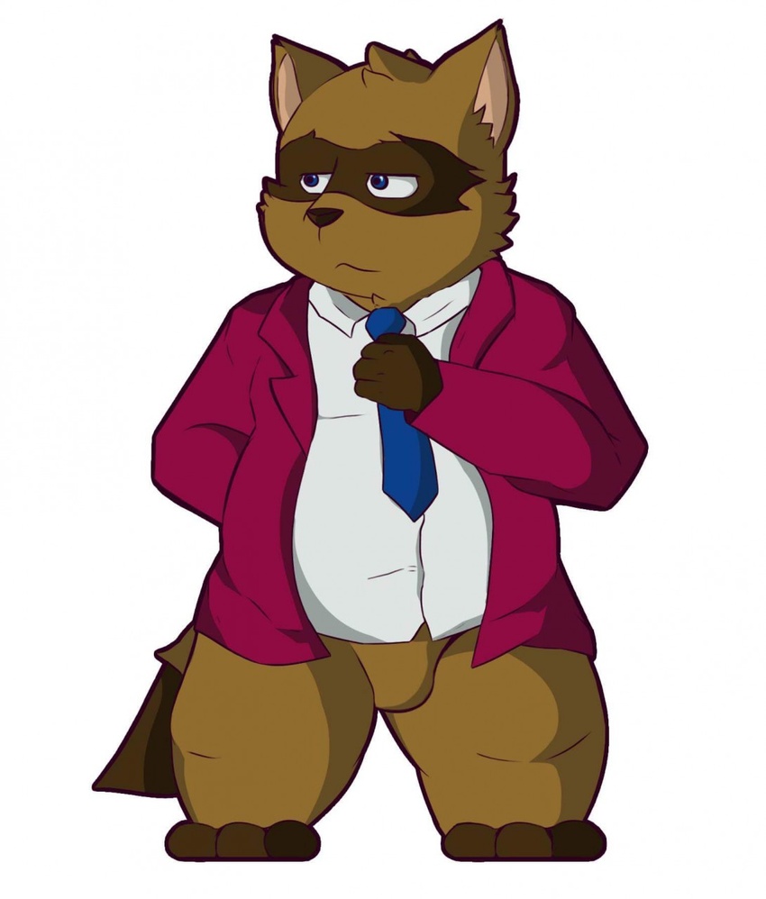 2019 anthro brown_body brown_fur claude_(tgts) clothing fur hi_res humanoid_hands male mammal necktie procyonid raccoon rosemary_wells shirt simple_background slightly_chubby snowhip solo timothy_goes_to_school topwear white_background