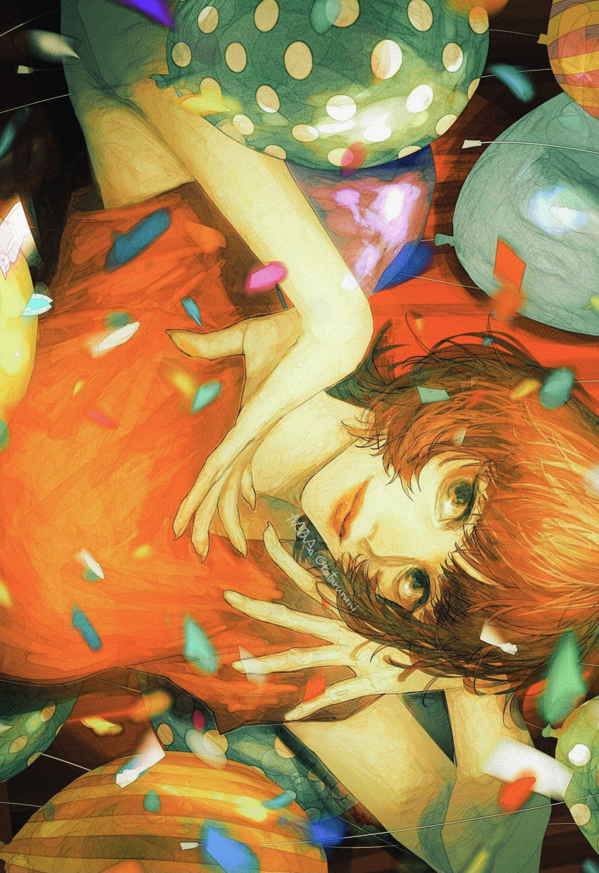 balloon confetti female highres kataruruni lips looking_at_viewer orange_hair orange_shirt paprika paprika_(character) shirt short_hair short_sleeves solo