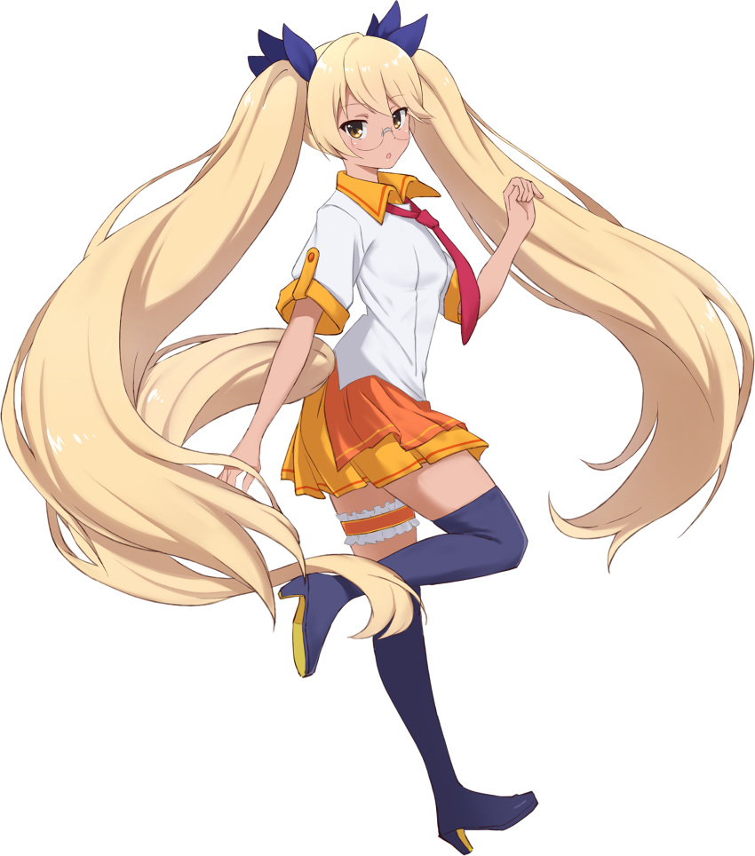 artist_request bad_source black_thighhighs blonde_hair blush boots breasts dog_tail female full_body glasses hair_ornament hair_ribbon highres long_hair looking_at_viewer miniskirt necktie official_art open_mouth orange_skirt red_necktie retoree_(show_by_rock!!) ribbon show_by_rock!! skirt small_breasts solo tail thigh_boots thighhighs transparent_background twintails yellow_eyes