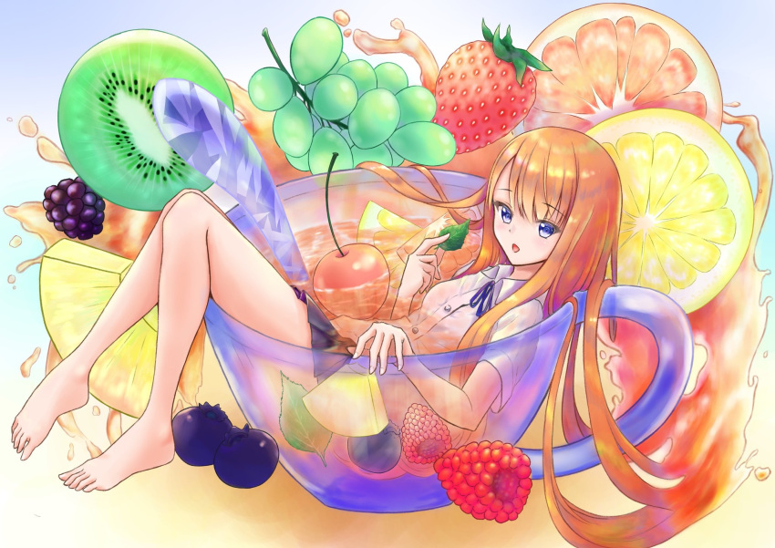 barefoot blackberry_(fruit) blue_eyes blueberry cherry commentary cup drinking_glass feet female food fruit grapes highres in_container in_cup kiwi_(fruit) lemon long_hair mint orange_(fruit) orange_hair original pineapple pineapple_slice raspberry rgrey00 school_uniform shirt skirt strawberry wet wet_clothes wet_shirt wet_skirt