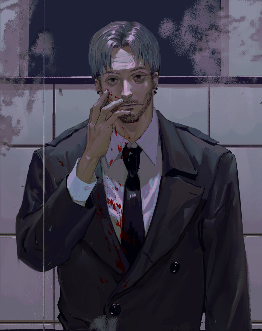 1boy absurdres beard black_coat blood blood_on_clothes blood_on_face brown_eyes buttons chainsaw_man closed_mouth coat collared_shirt curtained_hair dress_shirt ear_piercing facial_hair glasgow_smile grey_hair hand_on_own_cheek hand_on_own_face hand_up highres kishibe_(chainsaw_man) long_sleeves looking_at_viewer male_focus mature_male mirror moustache multicolored_hair nazgul_(5511474) necktie overcoat parted_bangs piercing reflection restroom scar scar_on_cheek scar_on_face shirt short_hair standing stitches stubble tiles two-tone_hair undercut upper_body white_shirt wrinkled_skin