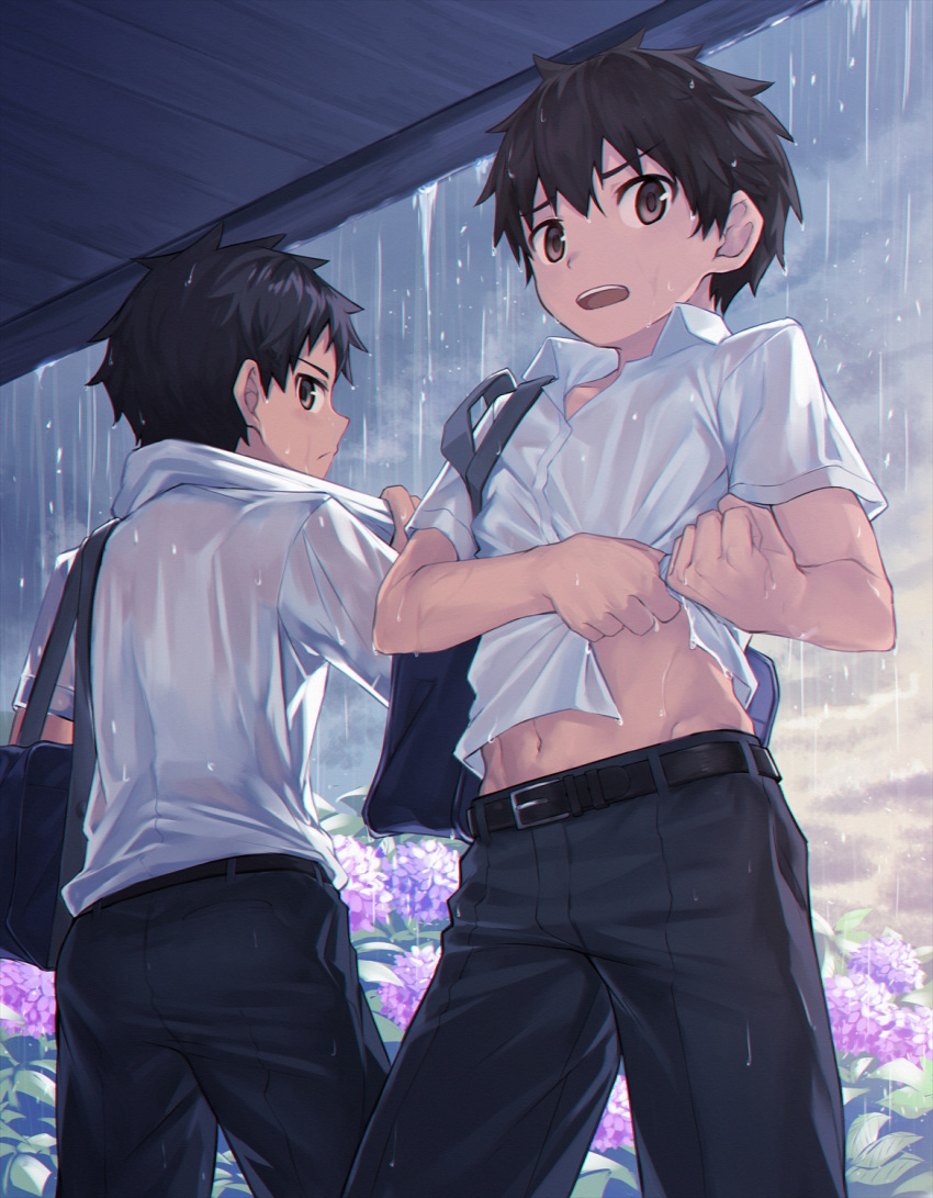 2boys bag belt black_belt black_pants clenched_hand clothes_lift collared_shirt commentary highres lifting_own_clothes looking_back male_focus multiple_boys navel nayoshi_(r-744) open_mouth original pants rain see-through shirt shirt_lift short_sleeves taking_shelter teeth tongue water wet wet_clothes wet_hair wet_shirt white_shirt wringing_clothes