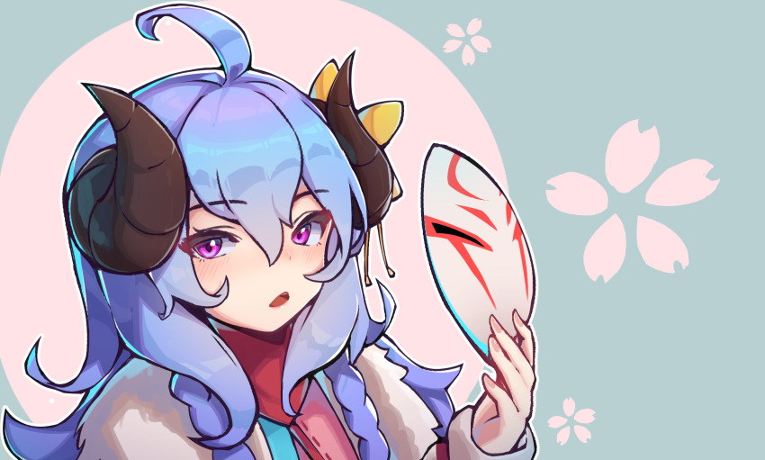 ahoge alternate_eye_color blue_hair bongnom braid cherry_blossoms curled_horns dress female flower fur_(clothing) hair_between_eyes hair_flower hair_ornament highres holding holding_mask horns japanese_clothes kindred_(league_of_legends) lamb_(league_of_legends) league_of_legends long_hair long_sleeves looking_at_viewer mask no_mask official_alternate_costume official_alternate_hairstyle open_mouth purple_hair side_braid simple_background solo spirit_blossom_(league_of_legends) spirit_blossom_kindred twin_braids unworn_mask white_fur