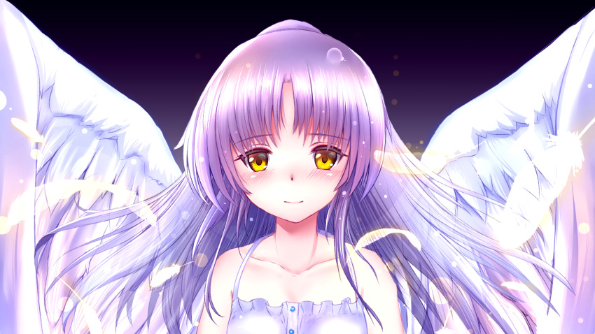 angel angel_beats! angel_wings blush commentary dress feathered_wings female highres izumikuu long_hair looking_at_viewer purple_hair smile solo tachibana_kanade upper_body white_wings wings yellow_eyes