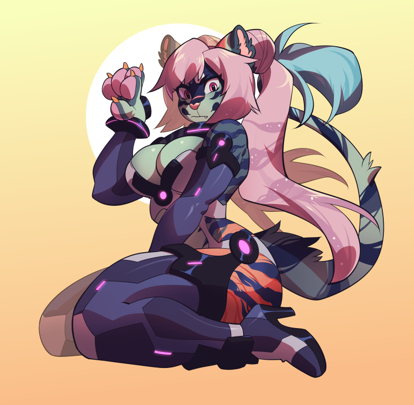 2019 absurd_res anthro biped breasts digital_media_(artwork) felid feline female hair hi_res kneeling mammal pink_eyes pink_hair simple_background solo takiminada