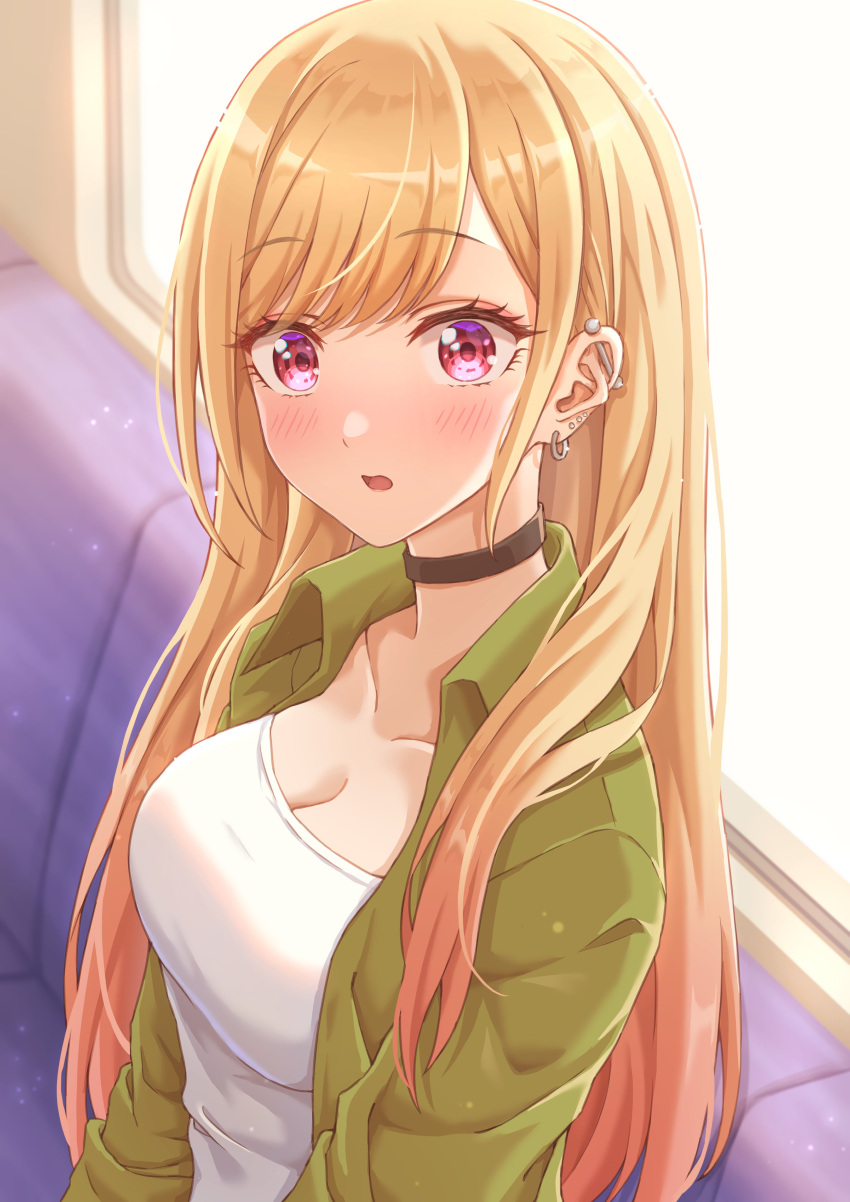 absurdres black_choker blonde_hair blush breasts choker cleavage commentary_request ear_piercing earrings female gradient_hair green_jacket highres jacket jewelry kitagawa_marin long_hair multicolored_hair open_clothes open_jacket open_mouth piercing pink_eyes red_hair shirt simoumi_217 solo sono_bisque_doll_wa_koi_wo_suru swept_bangs white_shirt