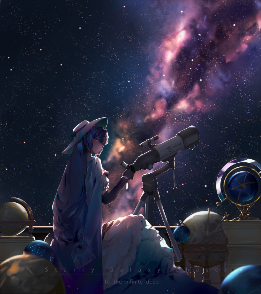 absurdres arknights armillary_sphere astesia_(arknights) astesia_(starseeker)_(arknights) blue_eyes blue_hair blush celestial_globe constellation constellation_request dress female galaxy globe gloves hat highres long_hair long_skirt looking_at_viewer milky_way mkt_(pixiv15187870) nebula night night_sky official_alternate_costume photoshop_(medium) skirt sky solo space star_(sky) stargazing starry_sky telescope white_dress white_hat white_skirt