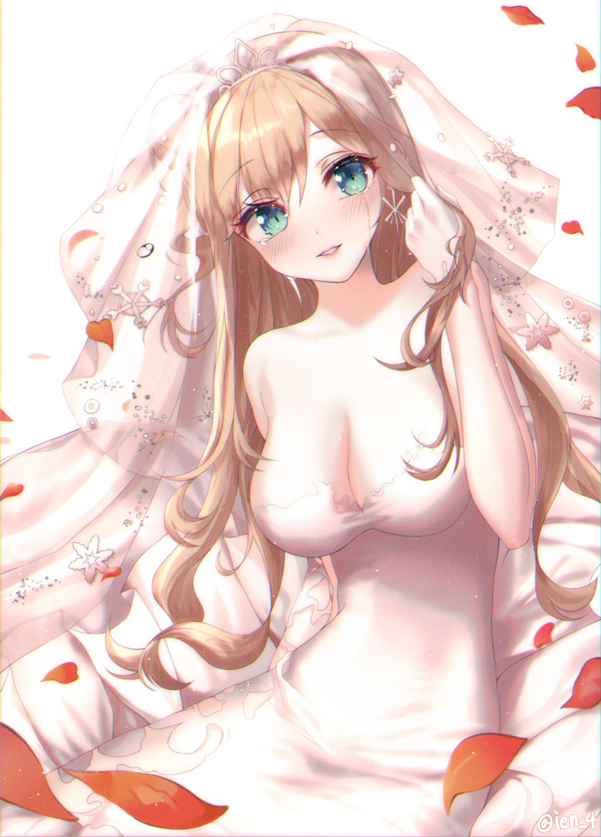 absurdres artist_name bad_id bad_twitter_id blonde_hair blush breasts bridal_veil cleavage dress earrings female floral_background girls'_frontline gloves green_eyes hand_in_own_hair highres ien_4 jewelry lips long_hair looking_at_viewer medium_breasts official_alternate_costume petals ring sitting solo suomi_(blissful_mission)_(girls'_frontline) suomi_(girls'_frontline) tears veil wedding_dress wedding_ring white_background white_gloves