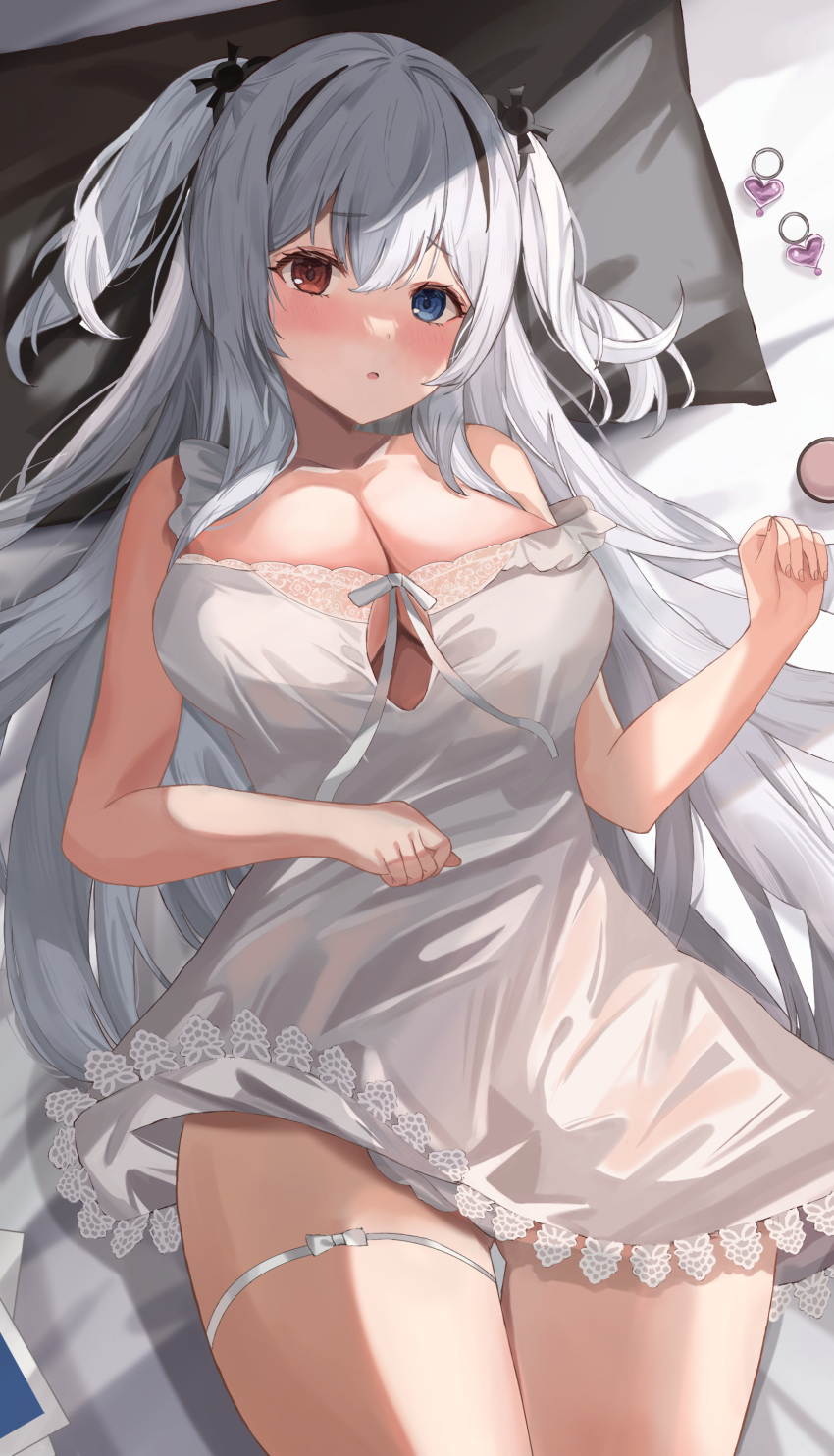 absurdres azur_lane blue_eyes breasts cleavage clothing_cutout dress earrings elbing_(azur_lane) elbing_(sleepless_night's_wishes)_(azur_lane) female heart heart_earrings heterochromia highres jewelry lace-trimmed_dress lace_trim large_breasts long_hair lying nightgown official_alternate_costume on_back on_bed pillow red_eyes thigh_strap two_side_up underboob_cutout watage_tanpopo white_hair white_nightgown