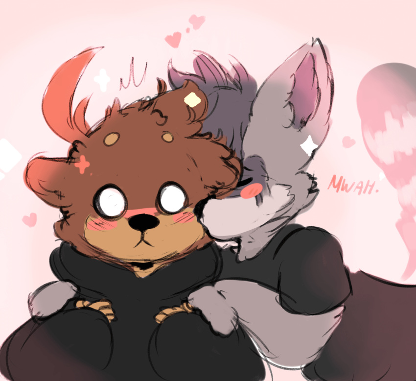 2019 anthro blush brown_body brown_fur clothed clothing duo_focus facial_markings fur group head_markings head_tuft heart_symbol hi_res hoodie joey_(cewljoke) kawa_(rebouwu) kissing male male/male mammal markings mask_(marking) melting_(marking) mustelid otter pink_background procyonid raccoon rebouwu romantic romantic_ambiance simple_background surprise topwear tuft