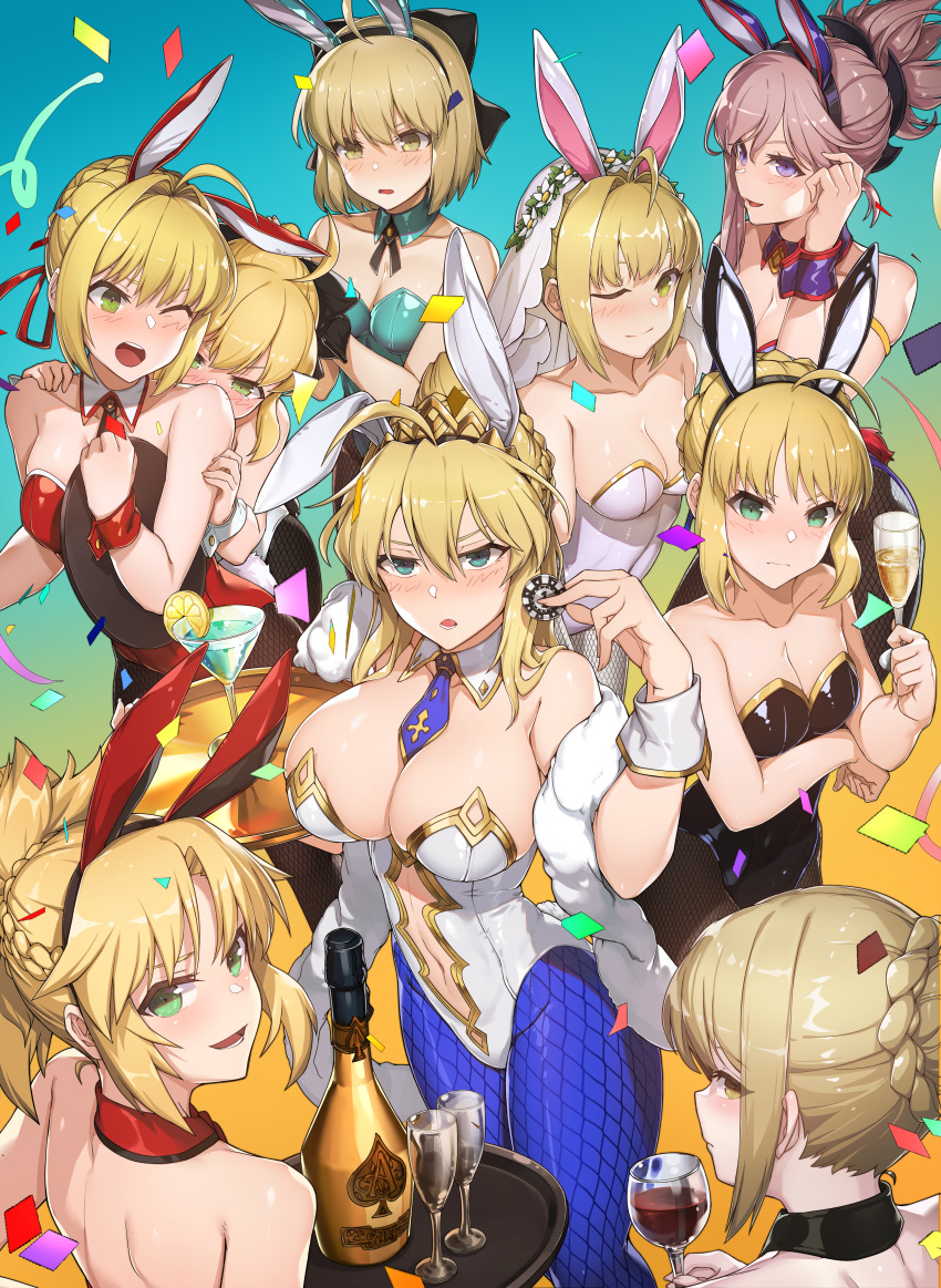 animal_ears artoria_pendragon_(lancer) breast_hold bunny_ears bunny_girl cleavage fate/apocrypha fate/extra fate/grand_order fate/stay_night fate/unlimited_codes fishnets majin_saber miyamoto_musashi_(fate/grand_order) mordred_(fate) no_bra pantyhose peachpa saber saber_alter saber_extra saber_lily sakura_saber tail yuri