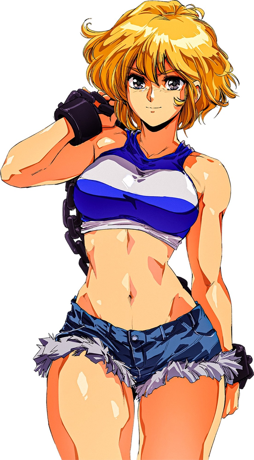 1980s_(style) april_fools blonde_hair breasts chains crop_top david_liu denim denim_shorts english_commentary female grey_eyes hair_behind_ear highres hooligan_sisters medium_breasts midriff mighty_(series) narrow_waist navel official_art retro_artstyle short_hair short_shorts shorts smile solo standing toned wayforward