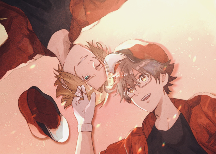 2boys aa-2153 ac-1677 black_shirt blue_eyes brown_hair cabbie_hat glasses gloves hat hataraku_saibou hataraku_saibou_black jacket light_brown_hair lying male_focus multiple_boys on_back open_mouth red_blood_cell_(hataraku_saibou) red_headwear red_jacket sako_(oyatutabero) shirt short_hair simple_background smile white_gloves yaoi