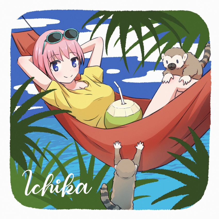 animal arms_behind_head arms_up asou_(asabu202) beach blue_eyes blush border character_name cloud cloudy_sky commentary day drinking_straw eyewear_on_head female go-toubun_no_hanayome hammock highres lemur nakano_ichika ocean palm_leaf palm_tree pink_hair shirt short_hair sky smile solo sunglasses t-shirt tree tropical_drink white_border