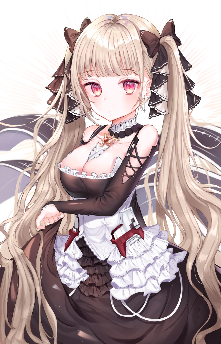 absurdres azur_lane bad_id bad_pixiv_id bare_shoulders between_breasts black_dress blush breasts cleavage commentary dress earrings female formidable_(azur_lane) frilled_dress frills hair_ribbon highres jewelry large_breasts long_hair long_sleeves looking_at_viewer red_eyes ribbon solo twintails two-tone_dress two-tone_ribbon very_long_hair yam_(dr_yammy)