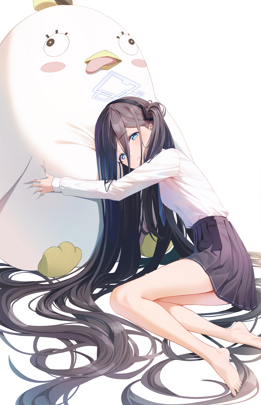 absurdly_long_hair absurdres aris_(blue_archive) bare_legs barefoot black_hair black_hairband black_skirt blue_archive blue_eyes closed_mouth feet female hair_between_eyes hair_spread_out hairband highres hugging_doll hugging_object ju-ok long_hair long_hair_between_eyes long_sleeves looking_at_viewer peroro_(blue_archive) pleated_skirt shirt simple_background sitting skirt solo stuffed_animal stuffed_bird stuffed_toy toes very_long_hair white_background white_shirt