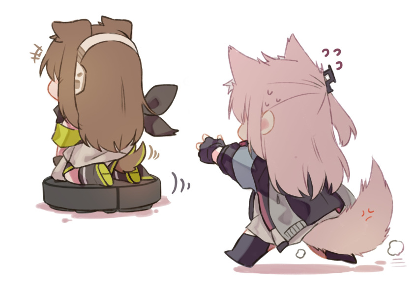 +++ 2girls anger_vein animal_ears armband black_jacket brown_hair chibi fingerless_gloves flying_sweatdrops girls'_frontline gloves headphones highres jacket long_hair long_sleeves m4a1_(girls'_frontline) multiple_girls pink_hair riding robotic_vacuum_cleaner running simple_background sitting st_ar-15_(girls'_frontline) tail vacuum_cleaner white_background yuutama2804