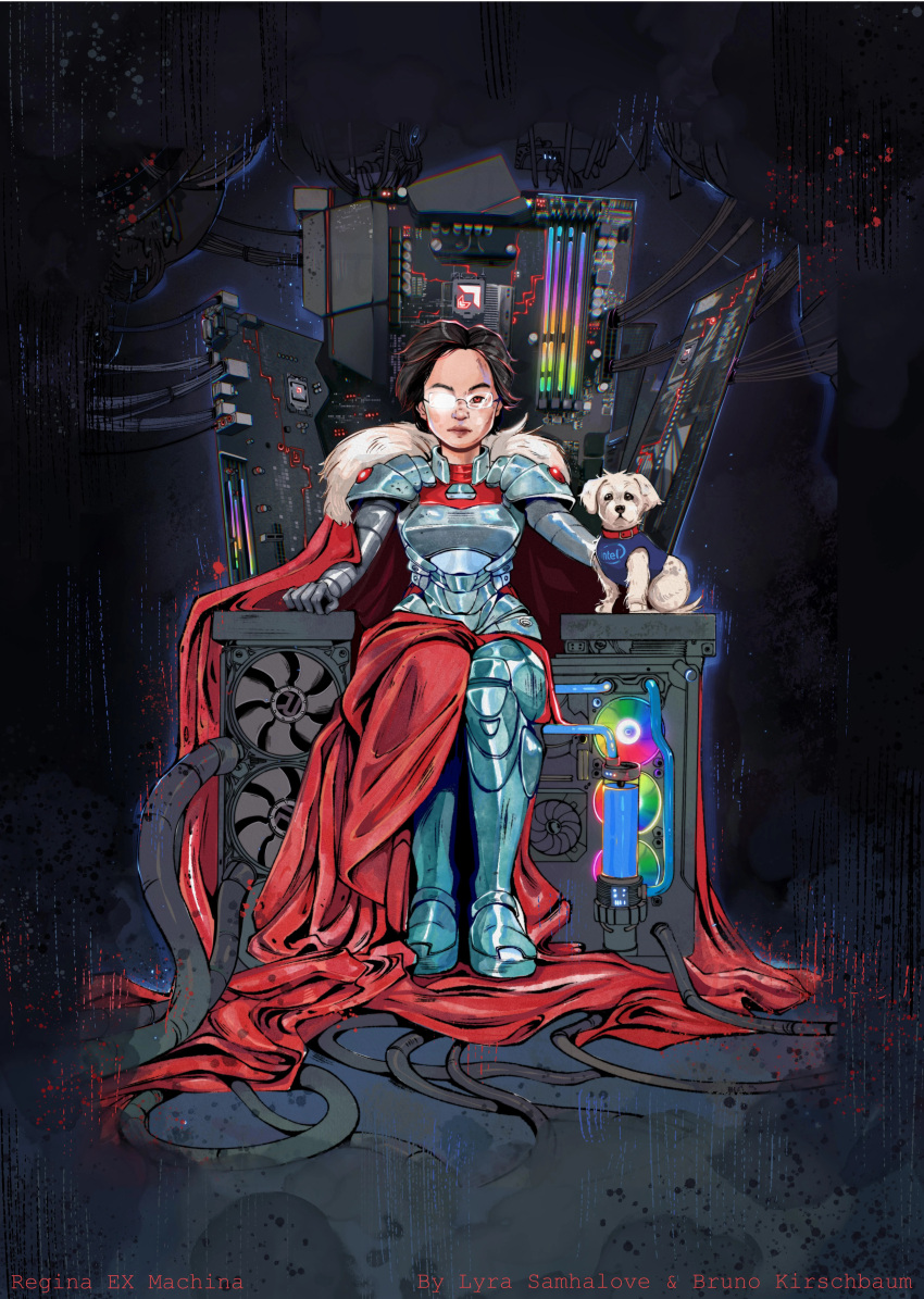 absurdres akira_(manga) amd armor artist_name black_hair bruno_kirschbaum cable cape collaboration computer_fan english_commentary female forehead full_armor fur-trimmed_cape fur_trim glasses highres intel lisa_su lyra_samhalove motherboard opaque_glasses parody radeon real_life real_life_insert red_cape red_eyes rgb_lights rimless_eyewear short_hair sitting solo_focus throne tube water_cooler