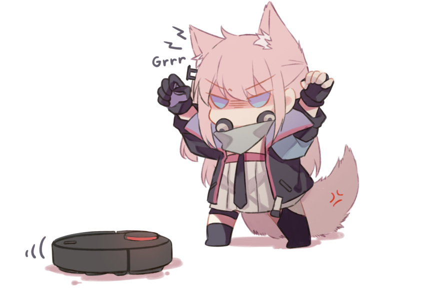 anger_vein animal_ears armband arms_up black_jacket chibi female fingerless_gloves girls'_frontline gloves growling highres jacket long_hair long_sleeves necktie pink_hair robotic_vacuum_cleaner scarf simple_background solo st_ar-15_(girls'_frontline) standing tail vacuum_cleaner white_background yuutama2804